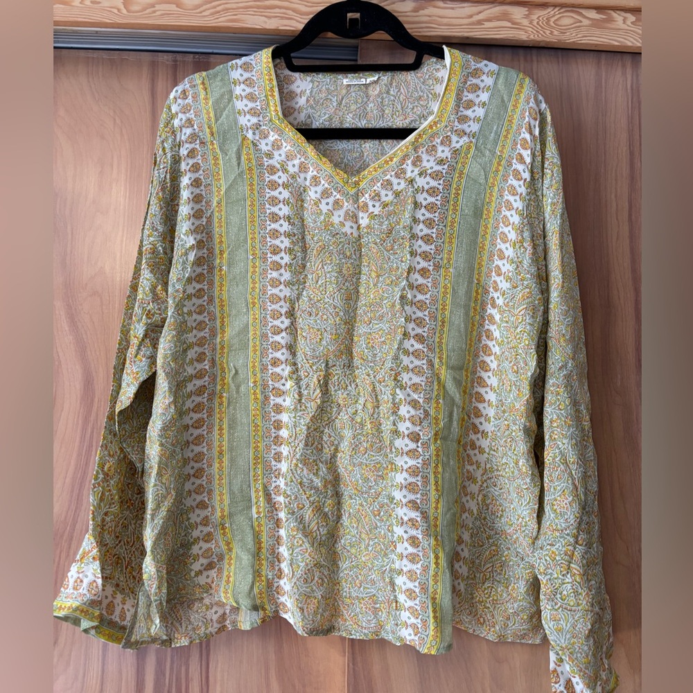 Silk Shirt, Silk Tunic, Floral Green and Yellow Women's Top, SILK summer blouse